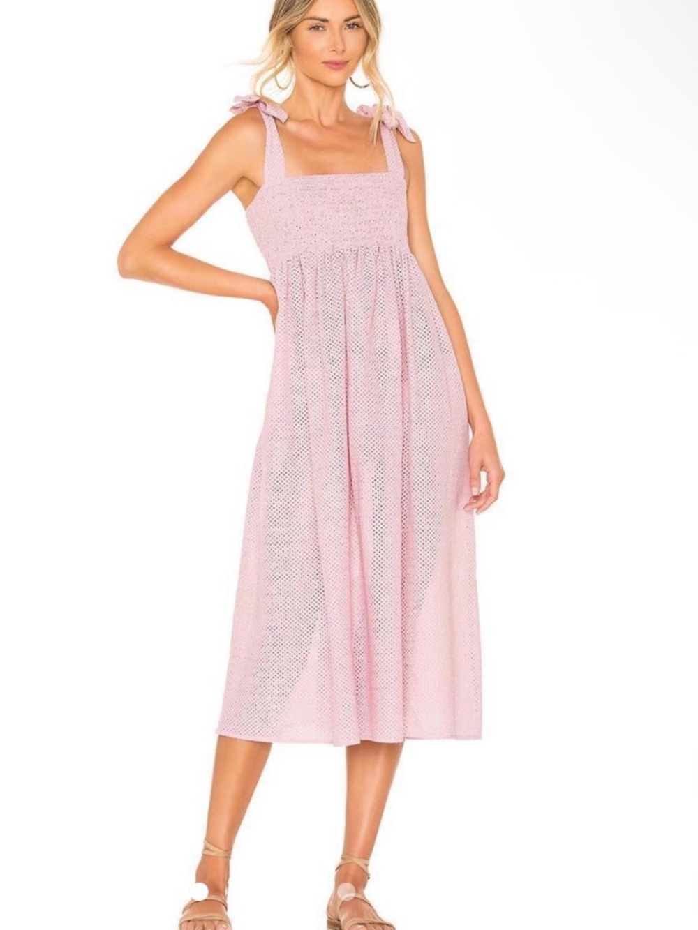 Marysia Swim Pink Smocked Tie-Shoulder Midi Dress